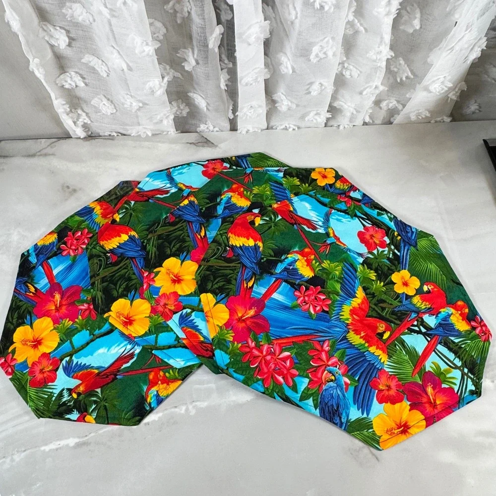 Set of 4‎ Colorful Tropical Placemats Quilted Parrots Hibiscus Beach House